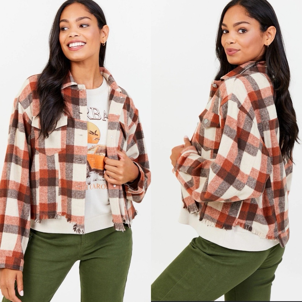 Altar'd State Noelle Boho Western Flannel Shacket Rust Brown Cream Fringe M